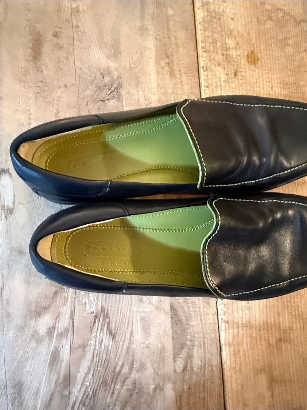 Coach Black Leather Slip-On Loafers with Green Interior